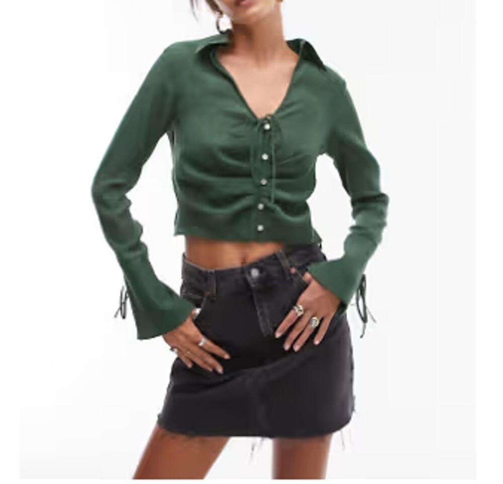NWT TOPSHOP NORDSTROM Women's Bottle Green Button Front Blouse Size 2